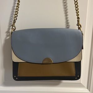 Coach cross body, two tone blue brown and white gold chain strap